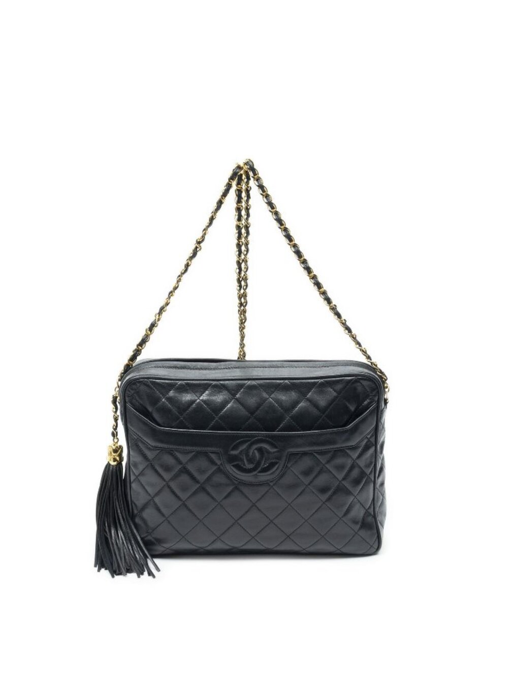 Chanel Vintage Tassel Camera Bag Black Quilted Lambskin Leather